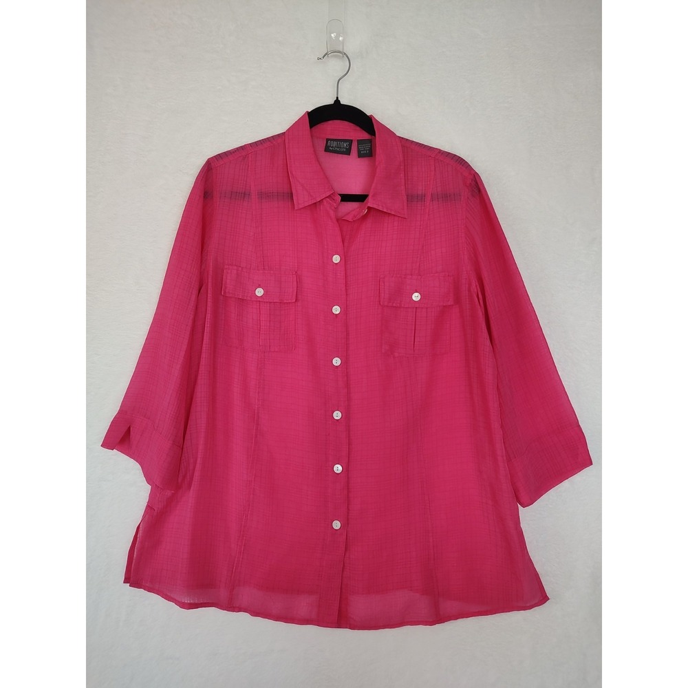 Additions by Chico's Pink Textured Grid Sheer Button Up Shirt Size 2 Large